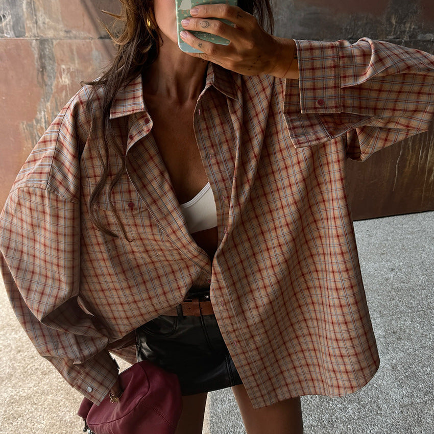 Women’s relaxed plaid long-sleeve blouse - view 6