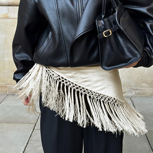 Women's Beige Fringed Lace-Up Asymmetrical Mini Skirt - product image 2