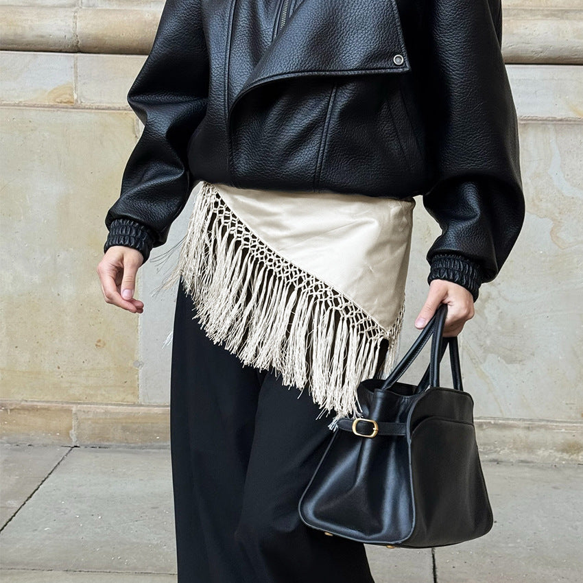 Women’s Beige Fringed Lace-Up Asymmetrical Mini Skirt